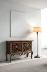 Design wooden carved cut cabinet with decor and lamp near white blank mock up wall with copy space in minimalist interior design of modern living room.