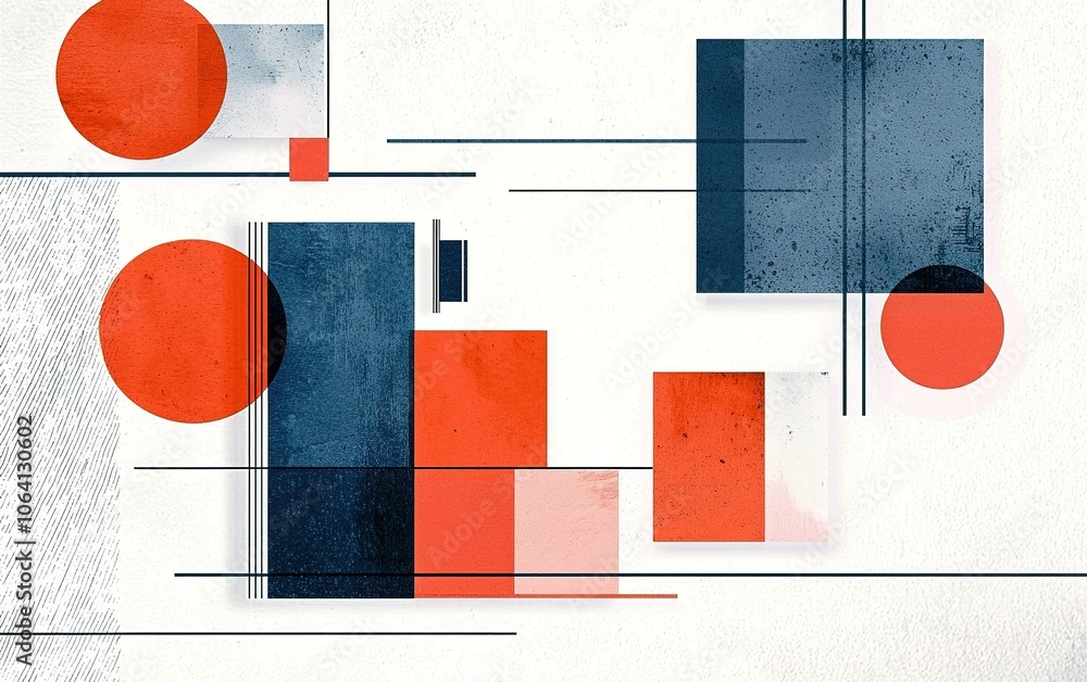 Poster abstract geometric design featuring red and blue shapes on a light background, emphasizing modern ar