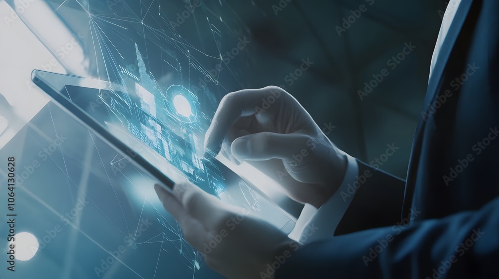 Poster closeup of a hand using a tablet with digital data displayed on screen.