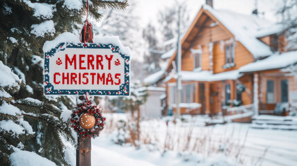 Decorative cross-stitch embroidered Merry Christmas sign surrounded by snow, with a cozy cabin in the background, evoking holiday spirit