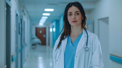 Female doctor standing in hospital corridor. 