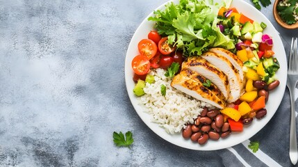 A healthy meal with grilled chicken, rice, beans, and veggies.