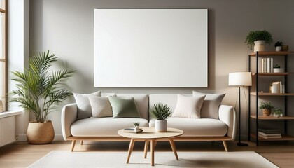 Living room interior with white empty poster on the wall
