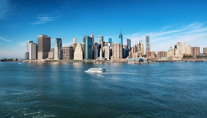 Fototapeta premium Manhattan skyline featuring iconic skyscrapers and waterfront on a clear day.