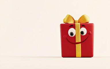 Obraz premium 3D Christmas present character on a white background, wrapped in shiny red paper with a gold ribbon, animated with a cheerful expression, colorful and glossy