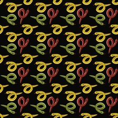 Small Red, Yellow, and Green Snake with Black Background Seamless Pattern Design