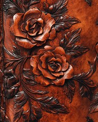 Handcrafted leather wallet with intricate Victorian floral tooling, rich brown patina, detailed rose patterns, artisanal leatherwork close-up