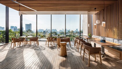 Modern cafeteria with wooden furniture and city view. 3D Rendering