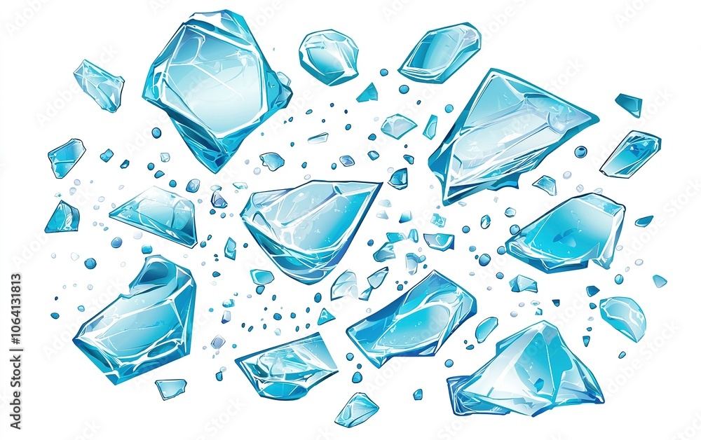 Poster assorted shards of blue ice scattered on a white background illustrating coolness and freshness in a