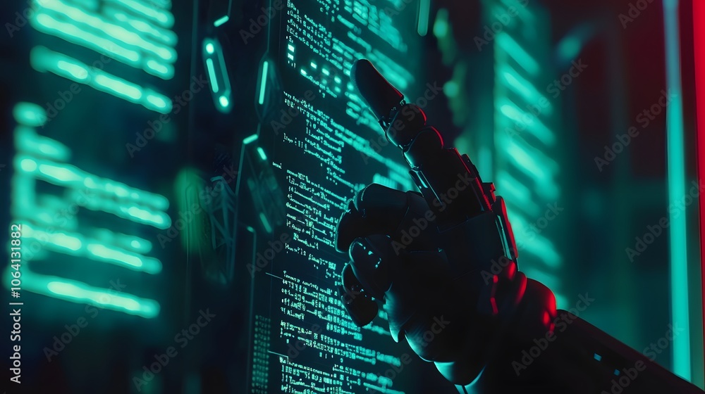 Poster a robotic hand points at lines of code on a screen.