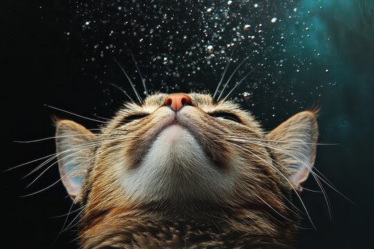 An astronaut cat explores the wonders of space, floating amidst shimmering stars and cosmic elements in a chaotic environment. Generative AI - Powered by Adobe