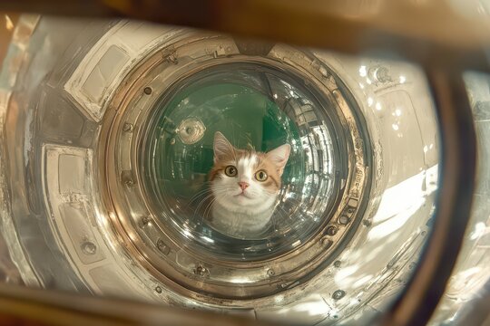 An astronaut cat floating in a space capsule, curiously observing the cosmos during a chaotic mission of exploration. Generative AI