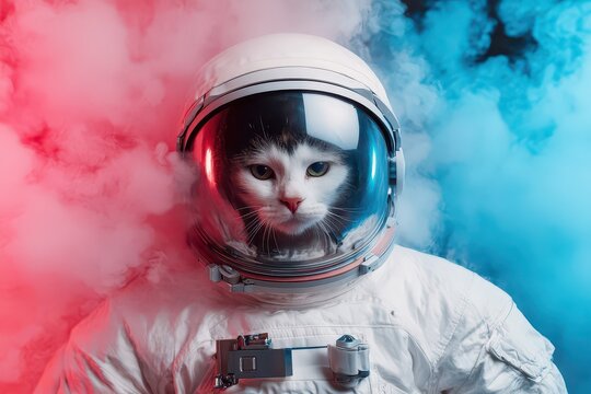 An astronaut cat explores the vibrant chaos of space with colorful smoke surrounding its helmet on a cosmic adventure. Generative AI