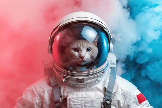 An astronaut cat exploring the cosmic wonders amidst colorful smoke in outer space during a whimsical adventure. Generative AI