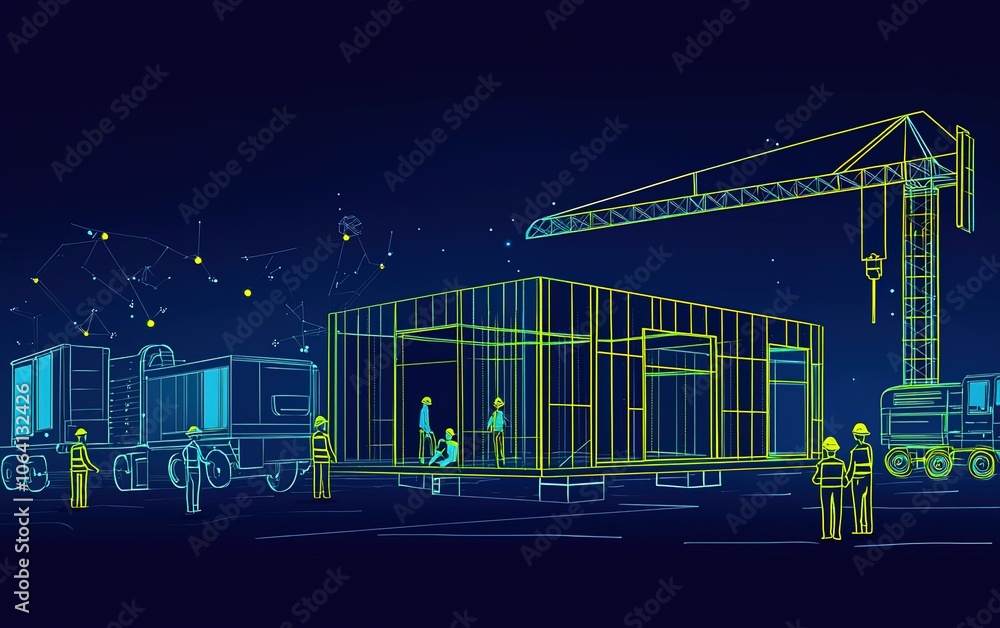 Poster Construction workers using advanced technology to build a structure at night with cranes and trucks in a high-tech urban setting