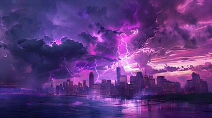 Lightning storm over city in purple light. 