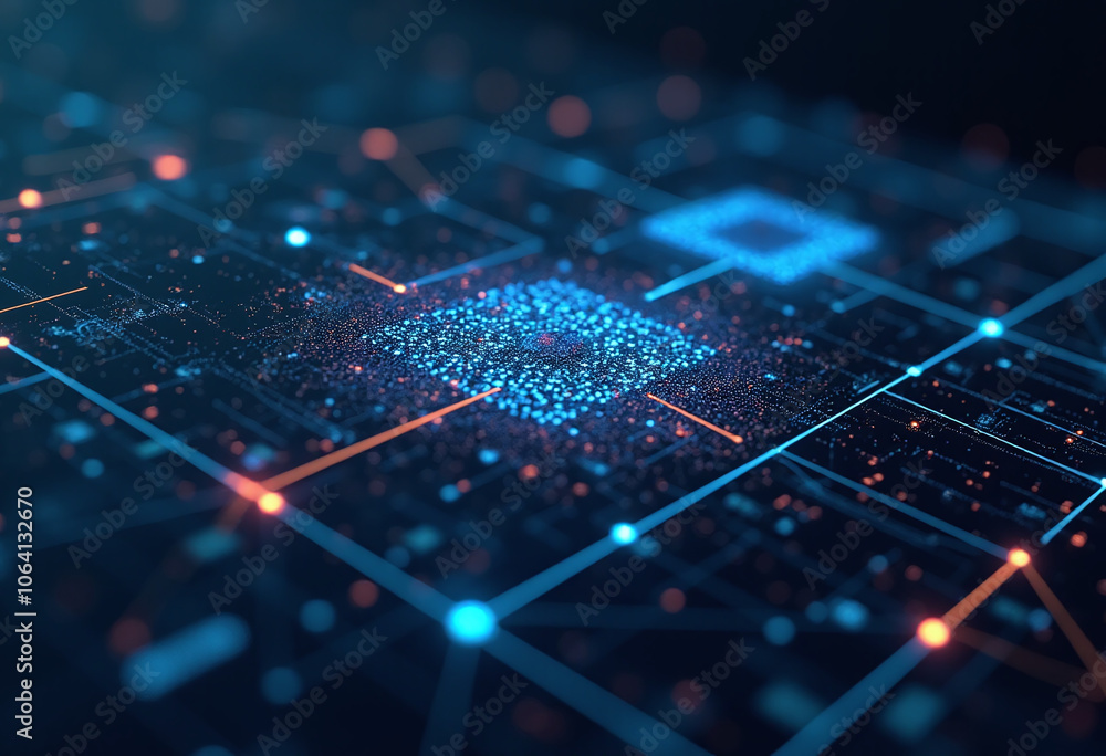 Poster futuristic digital space glowing lines grid network showcases advanced tech concepts info sharing
