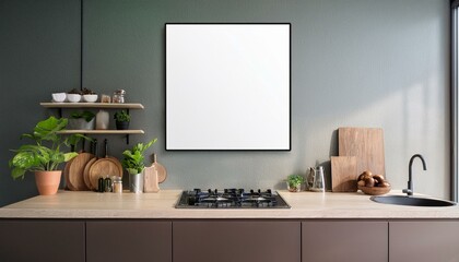 Modern kitchen with blank framed poster on the wall. 3D Rendering