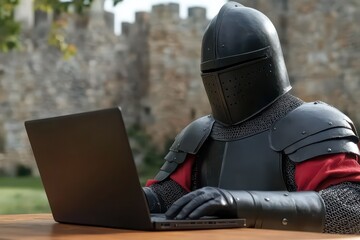 A medieval knight in armor sits at a wooden table, typing on a modern laptop in a stone castle with natural light. Generative AI