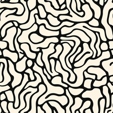 A seamless pattern with digital print, where the outline of brain coral is reimagined in an abstract form, its shapes intertwined to create an organic and fluid design. The background is a soft beige.
