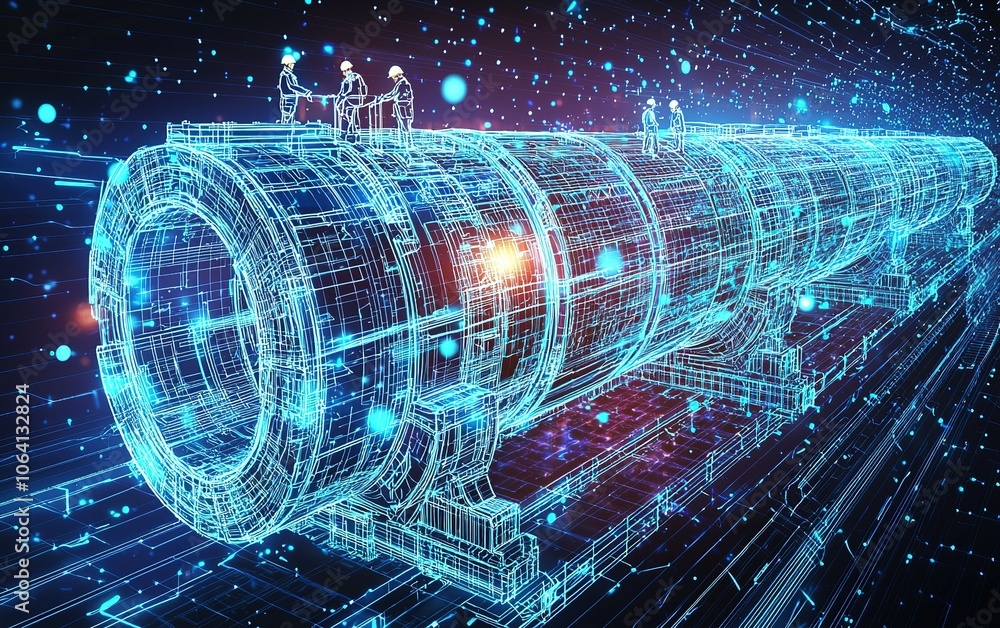 Poster Innovative engineers working on a futuristic transportation tunnel design with advanced technology and digital elements in a conceptual workspace