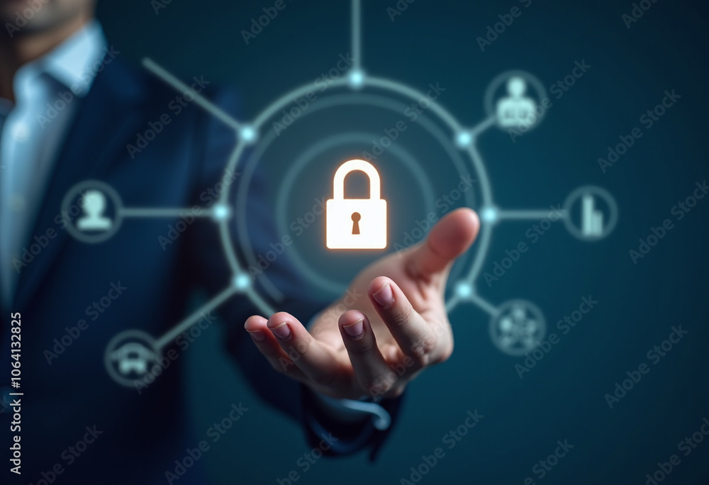 Poster hand inserts glowing key virtual lock illustrating cybersecurity data protection concepts modern dig