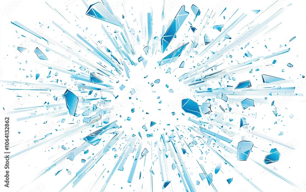 Poster dynamic explosion of blue shards radiating outward, creating an intense visual impact against a whit