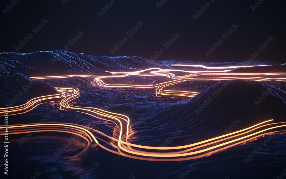 Poster illuminated winding paths through a dark landscape showcasing dynamic movement and vibrant trails at