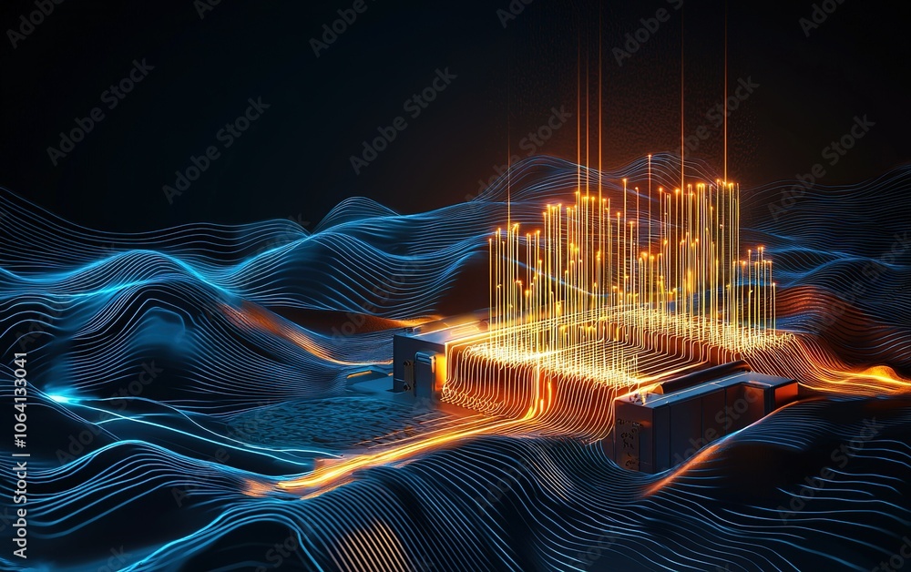 Poster digital landscape with glowing data waves and vibrant vertical bars representing analytics in a futu