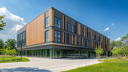 modern office building with glass and wood facade in sunny day