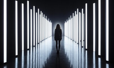 An individual standing between rows of illuminated vertical light panels in a dark space, creating a symmetrical reflection on the floor