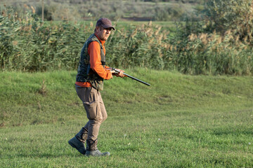 Mature hunter man holding a shotgun and walking through a field