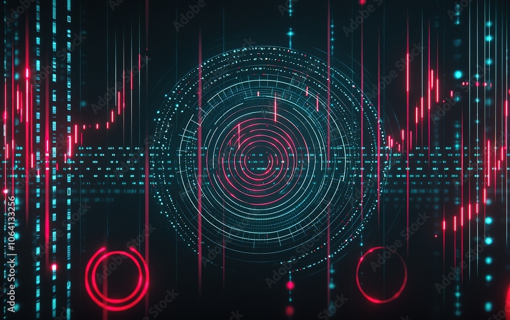 Poster abstract digital background with concentric circles, glowing lines, and data patterns in vibrant red
