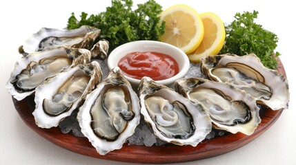 Fresh oysters on ice with lemon and cocktail sauce.
