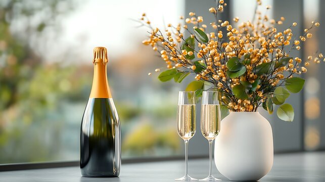 A stylish setup showcasing a champagne bottle and flutes, accented with dazzling gold confetti, evoking feelings of joy, happiness, and excitement for a memorable celebration.