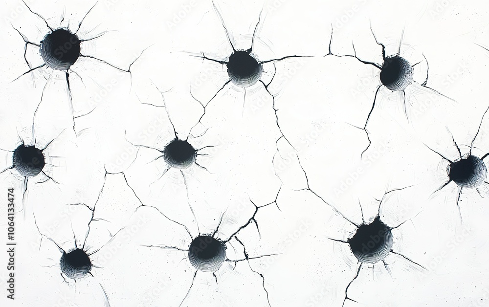 Poster artistic depiction of chaotic cracks and holes in a white surface, creating an abstract pattern of d