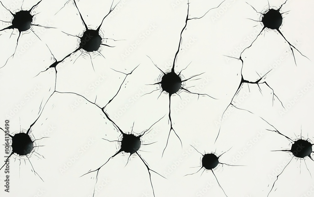 Poster cracked surface with multiple black holes creating an abstract pattern over a white background in a 