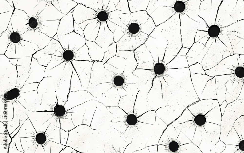 Poster a close-up view of cracked surface with circular voids, showcasing an intricate pattern of fractures