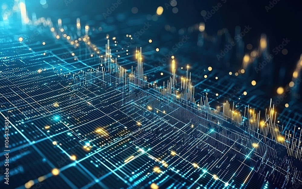 Poster abstract representation of digital data visualization with glowing elements in a vibrant network of 