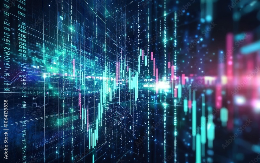 Poster digital data visualization with colorful graphs and lines in a futuristic 3d space illustrating mark
