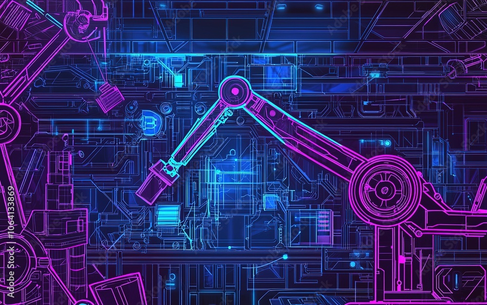 Poster a digital illustration of a robotic arm interacting with a futuristic technology interface in vibran