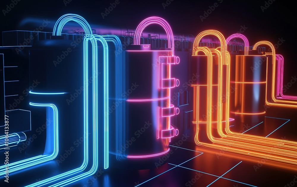 Poster digital representation of colorful neon locks and connecting tubes in a futuristic cybersecurity set