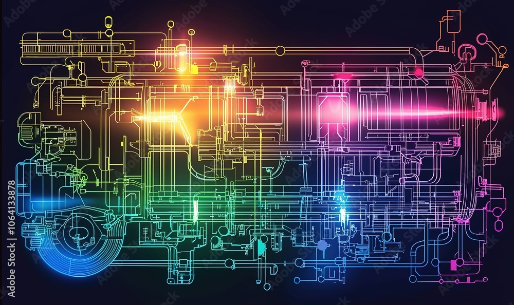 Poster colorful digital illustration of a complex engine design with intricate details and vibrant neon ele