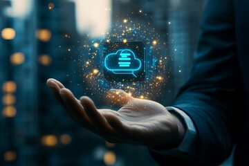 businessman holding digital cloud with AI icon in hand