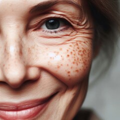 Close-up of an older woman smiling, showcasing her natural beauty with freckles and wrinkles in a soft indoor light setting