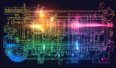 Fototapeta premium Colorful digital illustration of a complex engine design with intricate details and vibrant neon elements displayed against a dark background