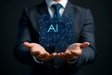 businessman holding digital cloud with AI icon in hand