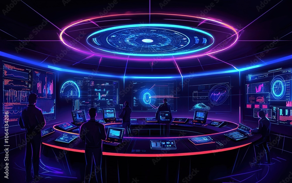 Poster high-tech command center with digital displays and glowing interfaces in a futuristic environment du