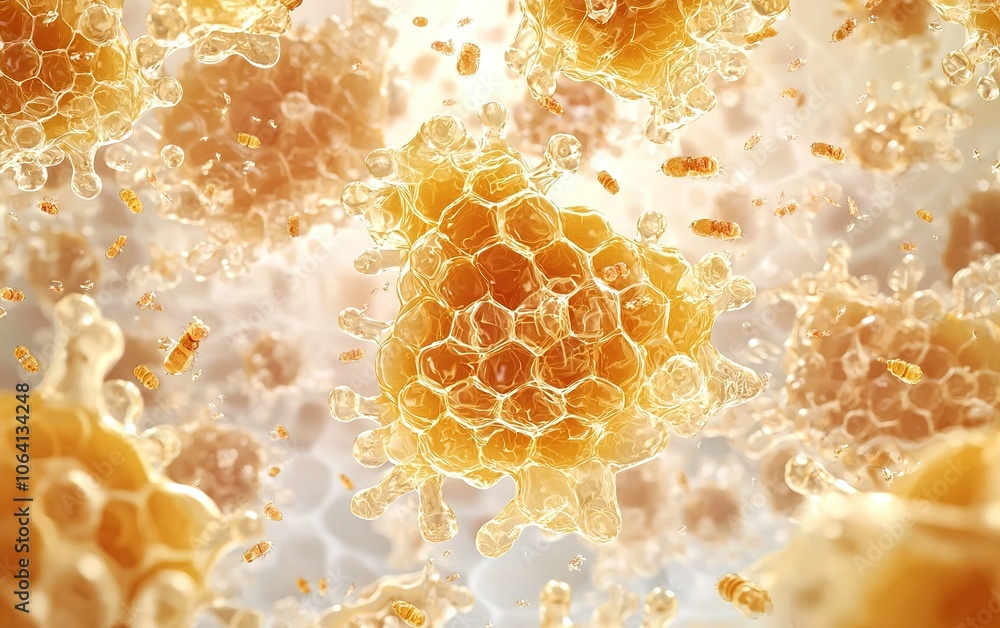 Poster close-up view of complex cellular structures illuminated by light, showcasing intricate details of n
