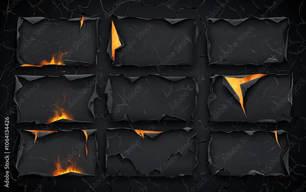 Poster dynamic background design featuring ripped black paper with flames emerging from the edges